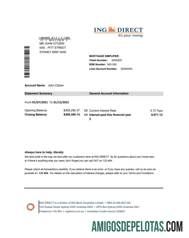 Extrato bancário direto da Austrália ING em branco, modelo fácil de preencher em formato Excel e PDF